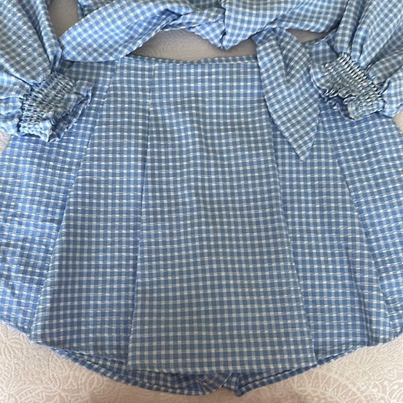 🛍️SALE🛍️ ZARA 2 PCs Blue & White Gingham Crop Top & Pleated Split Skirt/Skort - Picture 8 of 9